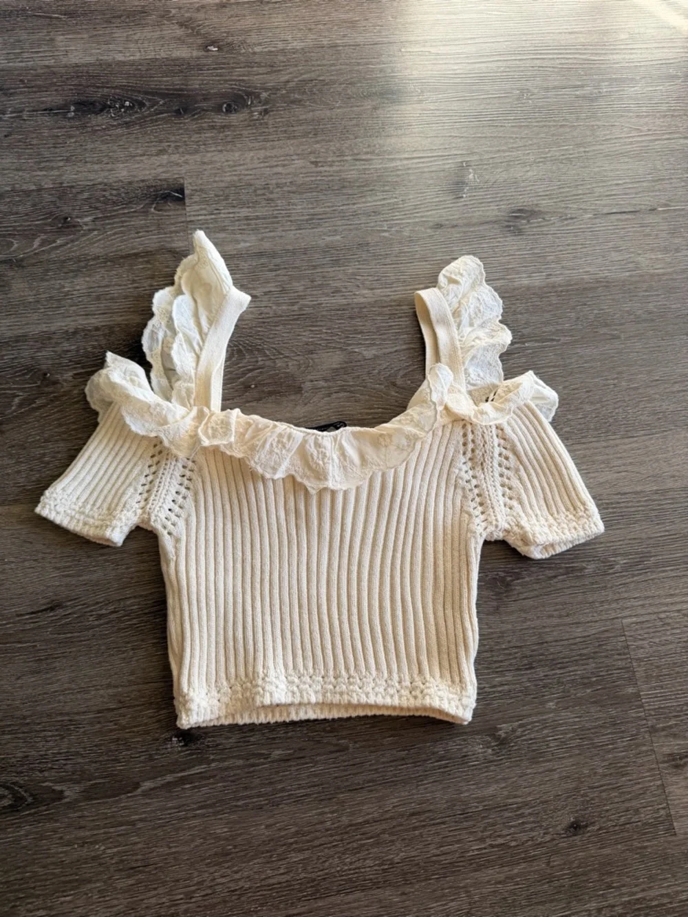 Zara Cream Ruffle Ribbed Crop Top